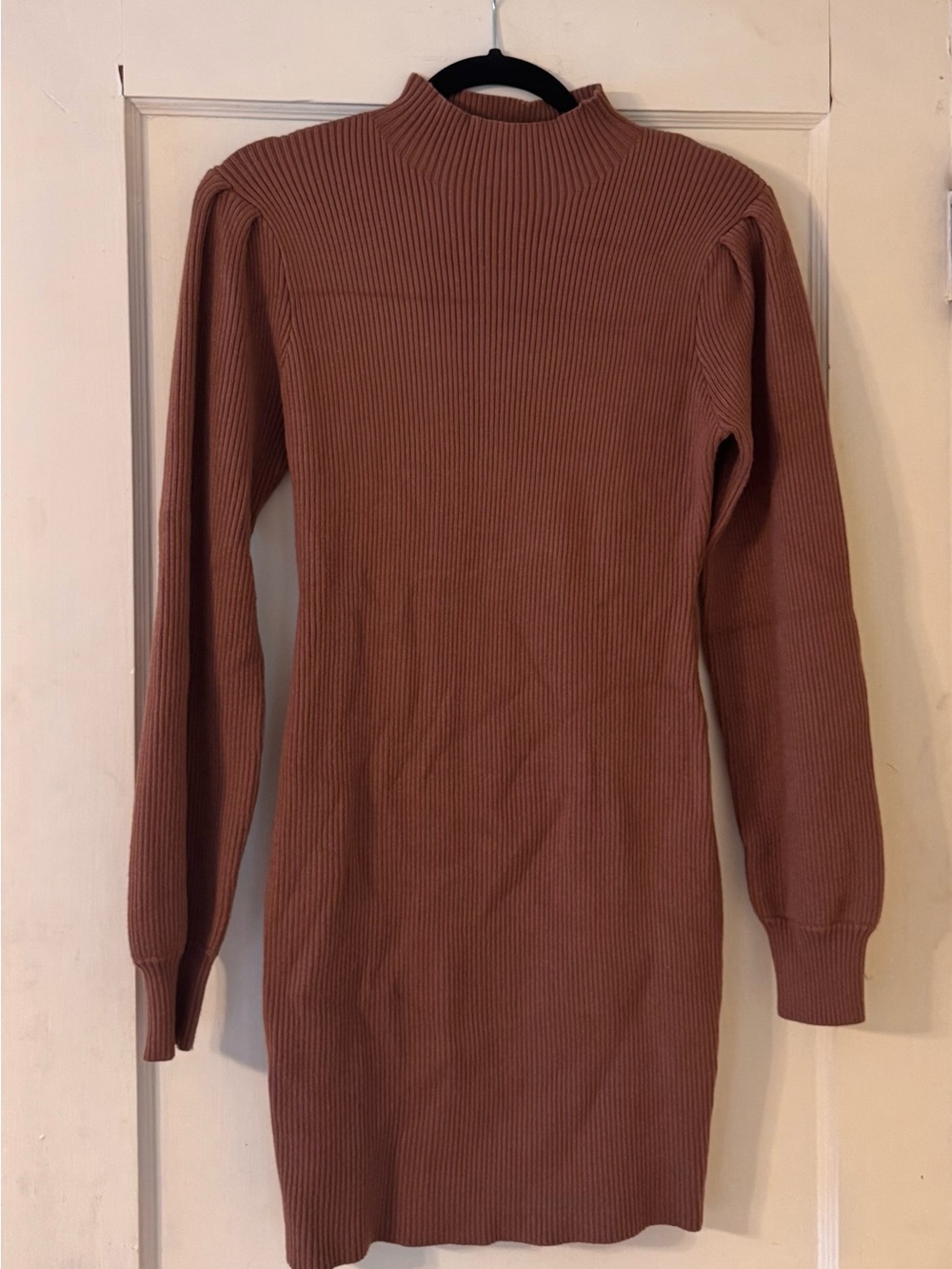 Ribbed Long Sleeve Mock Neck Dress — Milk Chocolate